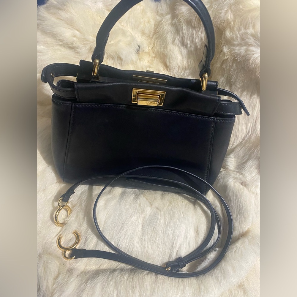 FENDI Peekaboo Mini, Black Genuine Leather Shoulder Bag with Gold Hardware